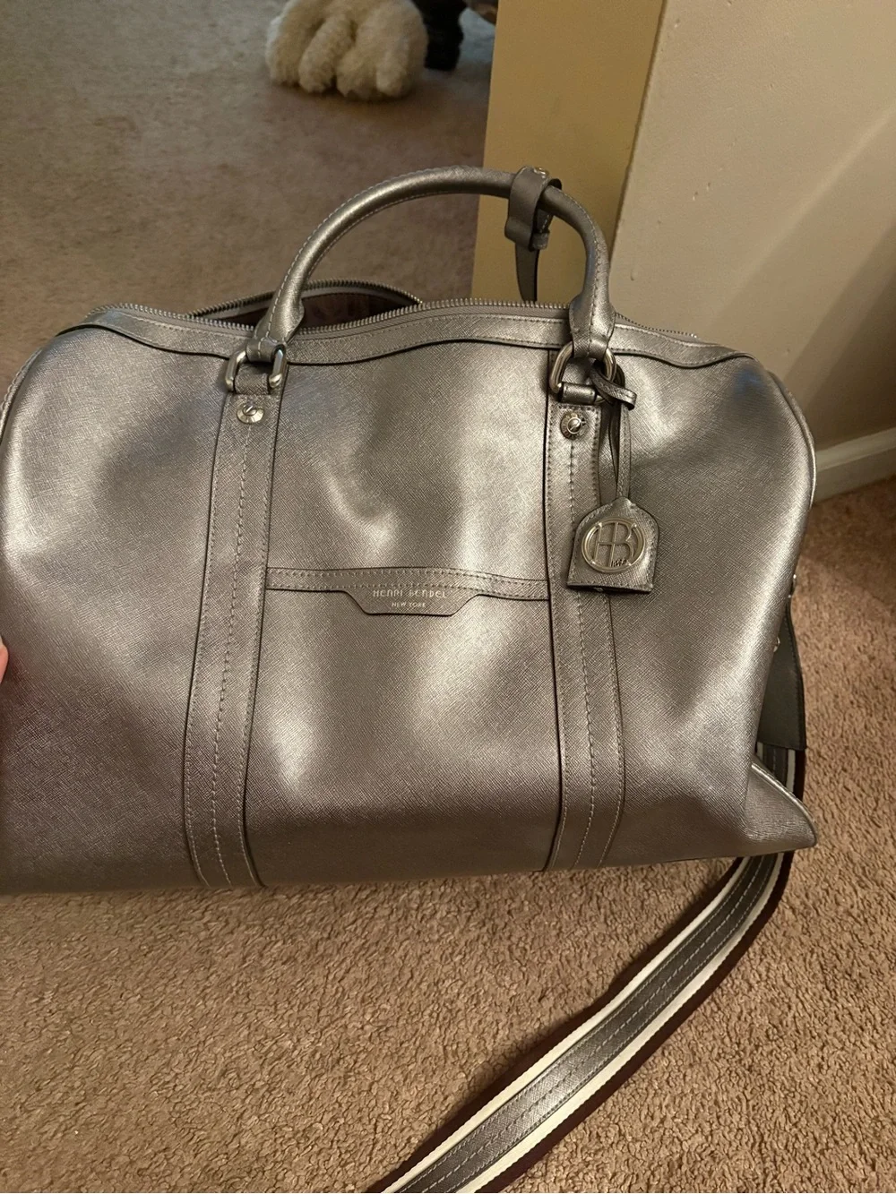 Henri bendel leather Metallic Silver Weekender Bag with Striped Shoulder Strap